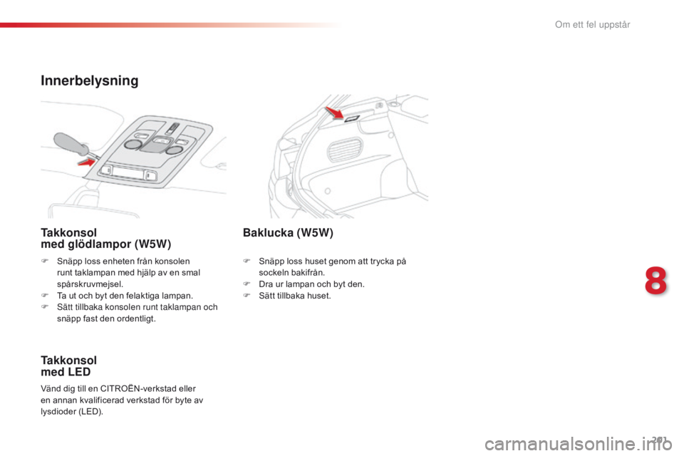 CITROEN C4 CACTUS 2016  InstruktionsbÖcker (in Swedish) 201
C4-cactus_sv_Chap08_En-cas-de-panne_ed01-2015
F Snäpp loss enheten från konsolen runt taklampan med hjälp av en smal 
spårskruvmejsel.
F
 
T
 a ut och byt den felaktiga lampan.
F
 
S
 ätt til