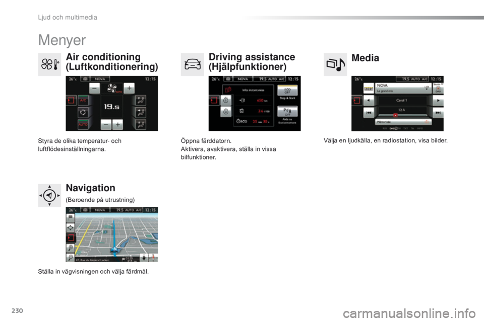CITROEN C4 CACTUS 2016  InstruktionsbÖcker (in Swedish) 230
C4-cactus_sv_Chap10b_SMEGplus_ed01-2015
Menyer
Media
Air conditioning 
(Luftkonditionering) Driving assistance 
(Hjälpfunktioner)
Navigation
Välja en ljudkälla, en radiostation, visa bilder.
St