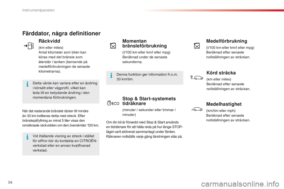 CITROEN C4 CACTUS 2016  InstruktionsbÖcker (in Swedish) 36
C4 - cactus_sv_Chap01_instruments- de-bord_ed01-2015
Färddator, några definitioner
Räckvidd
(km eller miles)
Antal kilometer som bilen kan 
köras med det bränsle som 
återstår i tanken (bero