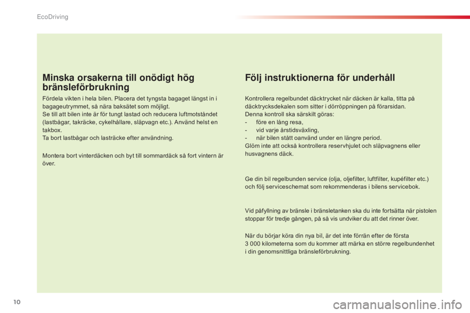 CITROEN C4 CACTUS 2015  InstruktionsbÖcker (in Swedish) 10
C4-cactus_sv_Chap00c_eco-conduite_ed02-2014
Minska orsakerna till onödigt hög 
bränsleförbrukning
Fördela vikten i hela bilen. Placera det tyngsta bagaget längst in i 
bagageutrymmet, så nä