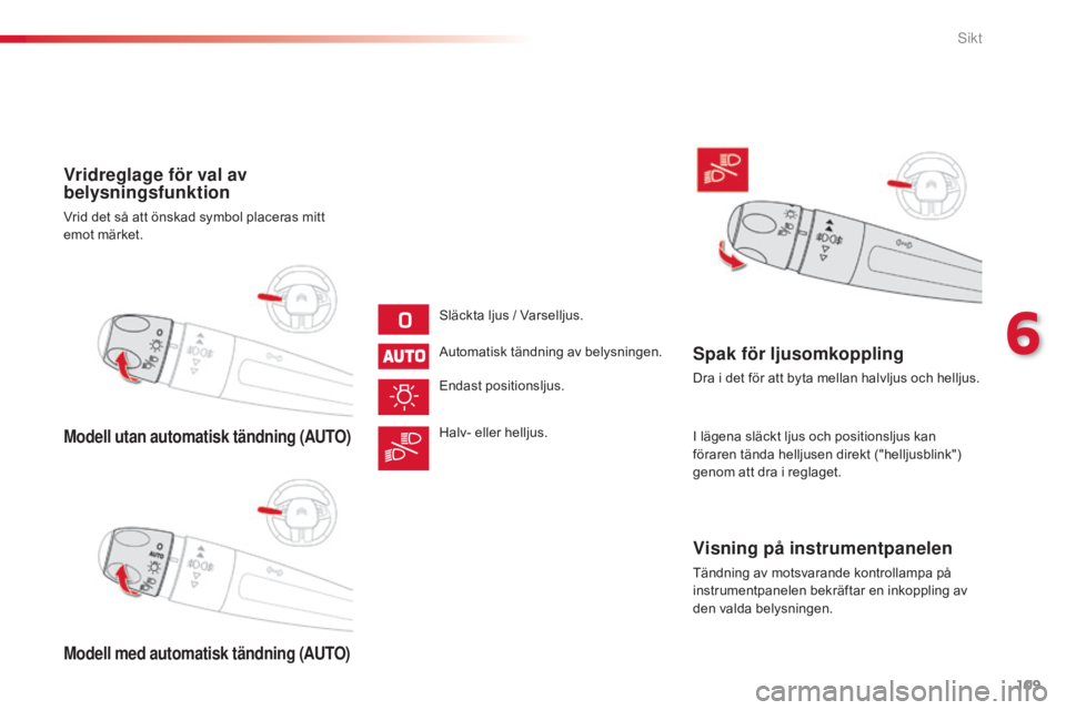 CITROEN C4 CACTUS 2015 InstruktionsbÖcker (in Swedish) 109
C4-cactus_sv_Chap06_visibilite_ed02-2014
Modell utan automatisk tändning (AUTO)
Modell med automatisk tändning (AUTO)
Vridreglage för val av
belysningsfunktion
Vrid det så att önskad symbol CITROEN C4 CACTUS 2015 InstruktionsbÖcker (in Swedish) 109
C4-cactus_sv_Chap06_visibilite_ed02-2014
Modell utan automatisk tändning (AUTO)
Modell med automatisk tändning (AUTO)
Vridreglage för val av
belysningsfunktion
Vrid det så att önskad symbol