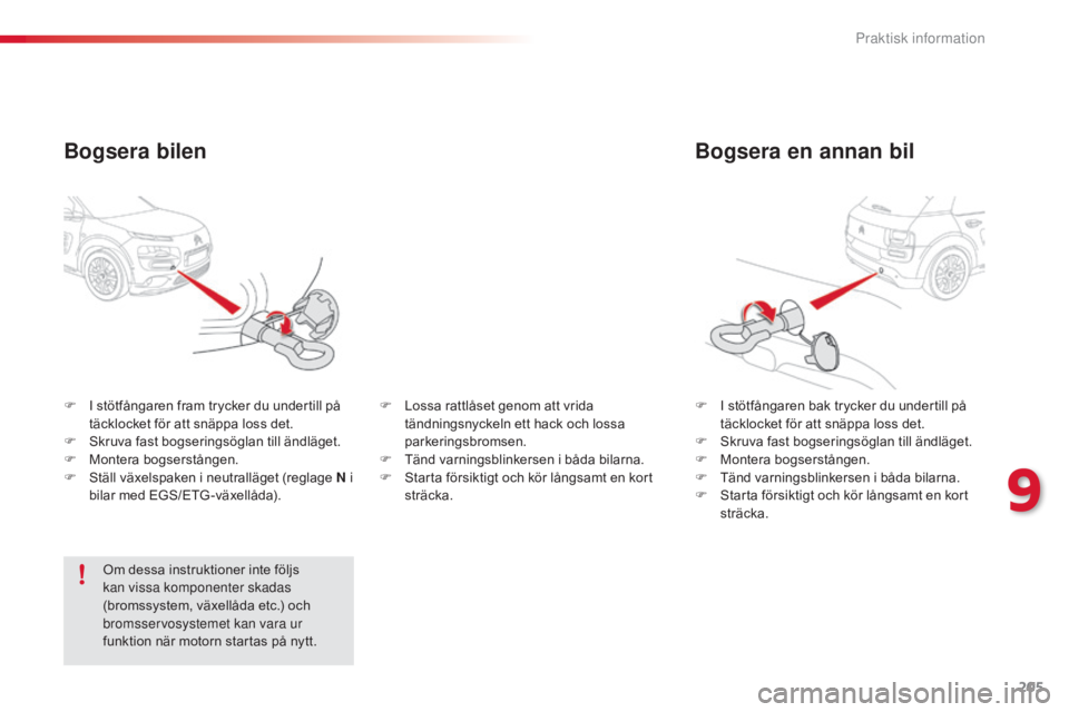 CITROEN C4 CACTUS 2015 InstruktionsbÖcker (in Swedish) 205
C4-cactus_sv_Chap09_info-pratiques_ed02-2014
Bogsera en annan bil
F I stötfångaren bak trycker du undertill på täcklocket för att snäppa loss det.
F
S
kruva fast bogseringsöglan till än CITROEN C4 CACTUS 2015 InstruktionsbÖcker (in Swedish) 205
C4-cactus_sv_Chap09_info-pratiques_ed02-2014
Bogsera en annan bil
F I stötfångaren bak trycker du undertill på täcklocket för att snäppa loss det.
F
S
kruva fast bogseringsöglan till än