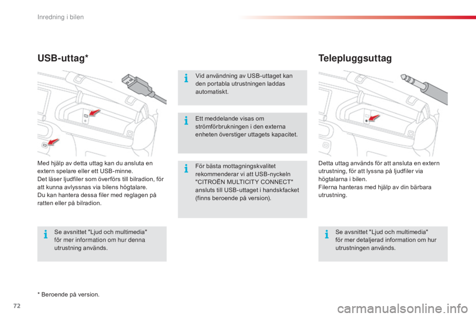 CITROEN C4 CACTUS 2015 InstruktionsbÖcker (in Swedish) 72
C4-cactus_sv_Chap04_amenagements_ed02-2014
Telepluggsuttag
USB-uttag*
För bästa mottagningskvalitet
rekommenderar vi att USB-nyckeln
"CITROËN MULTICIT Y CONNECT"
ansluts till USB-utta CITROEN C4 CACTUS 2015 InstruktionsbÖcker (in Swedish) 72
C4-cactus_sv_Chap04_amenagements_ed02-2014
Telepluggsuttag
USB-uttag*
För bästa mottagningskvalitet
rekommenderar vi att USB-nyckeln
"CITROËN MULTICIT Y CONNECT"
ansluts till USB-utta
