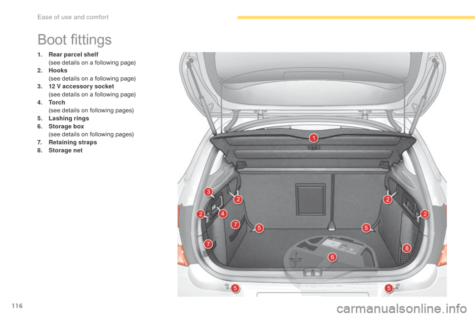 Citroen C4 RHD 2016 2.G Owners Manual 116
Boot fittings
1. Rear parcel shelf (see d etails o n a f ollowing p age)
2.
 Hook

s
 (s

ee
 d
 etails
 o
 n
 a f
 ollowing
 p
 age)
3.
 12

 V accessory socket
 (s

ee
 d
 etails
