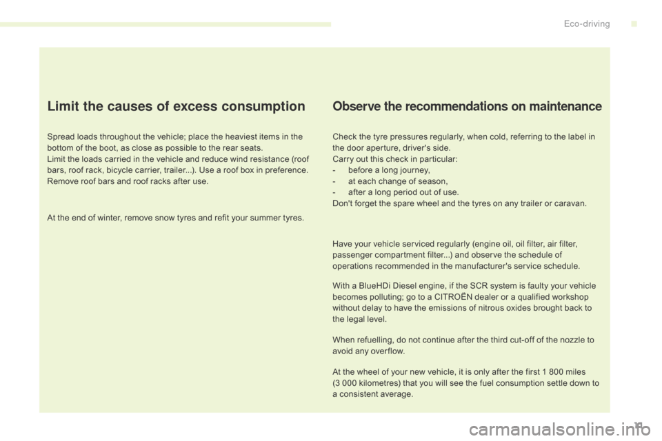 Citroen C4 RHD 2016 2.G Owners Manual 11
Limit the causes of excess consumption
Spread loads throughout the vehicle; place the heaviest items in the bottom o f t he b oot, a s c lose a s p ossible t o t he r ear s ea Citroen C4 RHD 2016 2.G Owners Manual 11
Limit the causes of excess consumption
Spread loads throughout the vehicle; place the heaviest items in the bottom o f t he b oot, a s c lose a s p ossible t o t he r ear s ea
