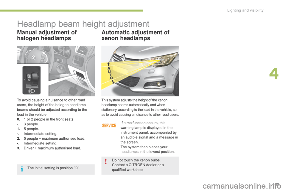 Citroen C4 RHD 2016 2.G Owners Manual 129
To avoid causing a nuisance to other road users, t he h eight o f t he h alogen h eadlamp be
ams
s
hould
b
e
a
djusted
a
ccording
t
o
t
he
lo
ad
i
n
t
he Citroen C4 RHD 2016 2.G Owners Manual 129
To avoid causing a nuisance to other road users, t he h eight o f t he h alogen h eadlamp be
ams
s
hould
b
e
a
djusted
a
ccording
t
o
t
he
lo
ad
i
n
t
he