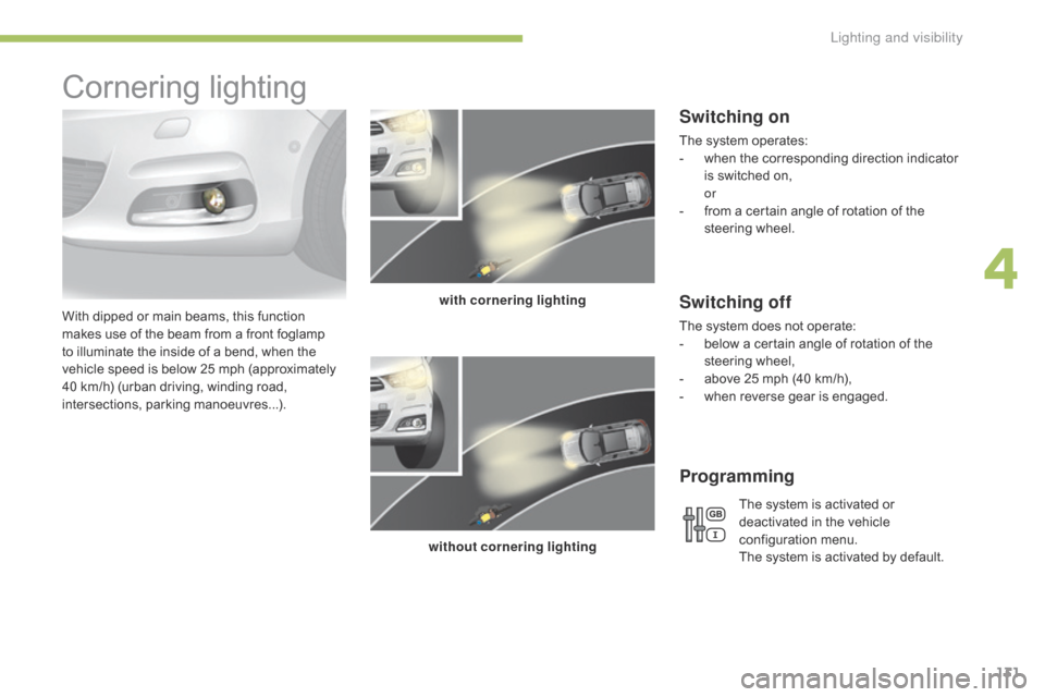 Citroen C4 RHD 2016 2.G Owners Guide 131
Cornering lighting
With dipped or main beams, this function makes u se o f t he b eam f rom a f ront f oglamp to i

lluminate
 t
 he
 i
 nside
 o
 f
 a b
 end,
 w
 hen
 t
