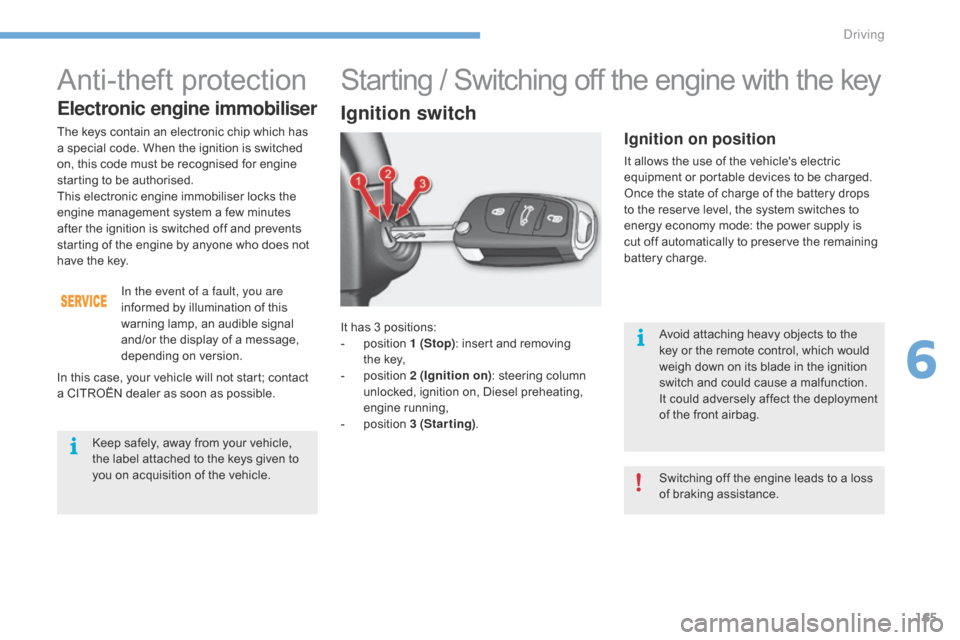 Citroen C4 RHD 2016 2.G Owners Manual 165
It has 3 positions:
- po sition 1 (Stop): i
nsert a nd r emoving th
e key,
-
po
sition
2
(Ignition on):
s
teering
c
olumn
un
locked,
i
gnition
o
n,
D
iesel
p Citroen C4 RHD 2016 2.G Owners Manual 165
It has 3 positions:
- po sition 1 (Stop): i
nsert a nd r emoving th
e key,
-
po
sition
2
(Ignition on):
s
teering
c
olumn
un
locked,
i
gnition
o
n,
D
iesel
p