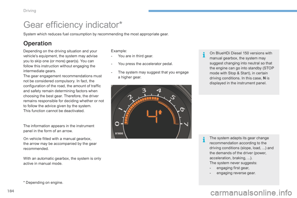 Citroen C4 RHD 2016 2.G Service Manual 184
Gear efficiency indicator*
Depending on the driving situation and your ve
hicles e quipment, t he s ystem m ay a dvise yo
u
t
o
s
kip
o
ne
(
or
m
ore)
g
ear(s).
Citroen C4 RHD 2016 2.G Service Manual 184
Gear efficiency indicator*
Depending on the driving situation and your ve
hicles e quipment, t he s ystem m ay a dvise yo
u
t
o
s
kip
o
ne
(
or
m
ore)
g
ear(s).
