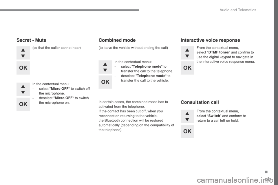 Citroen C4 RHD 2016 2.G Manual PDF 367
(so that the caller cannot hear)
In
t
he
c
ontextual
m
enu:
-
se
lect
"Mic
ro OFF" to switch off
the
mic
rophone.
-
de
select
"Mic
ro OFF" to switch
the
m
icrophone
o Citroen C4 RHD 2016 2.G Manual PDF 367
(so that the caller cannot hear)
In
t
he
c
ontextual
m
enu:
-
se
lect
"Mic
ro OFF" to switch off
the
mic
rophone.
-
de
select
"Mic
ro OFF" to switch
the
m
icrophone
o