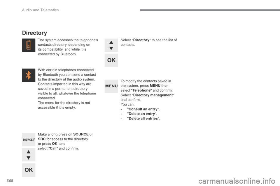 Citroen C4 RHD 2016 2.G Owners Manual 368
To modify the contacts saved in the s ystem, p ress M ENU then
select
" T
elephone "
 a
nd
 c
onfirm.
Select " Directory management "
and
 c
onfirm.
You
 c
an:
-
 " Co
nsult Citroen C4 RHD 2016 2.G Owners Manual 368
To modify the contacts saved in the s ystem, p ress M ENU then
select
" T
elephone "
 a
nd
 c
onfirm.
Select " Directory management "
and
 c
onfirm.
You
 c
an:
-
 " Co
nsult