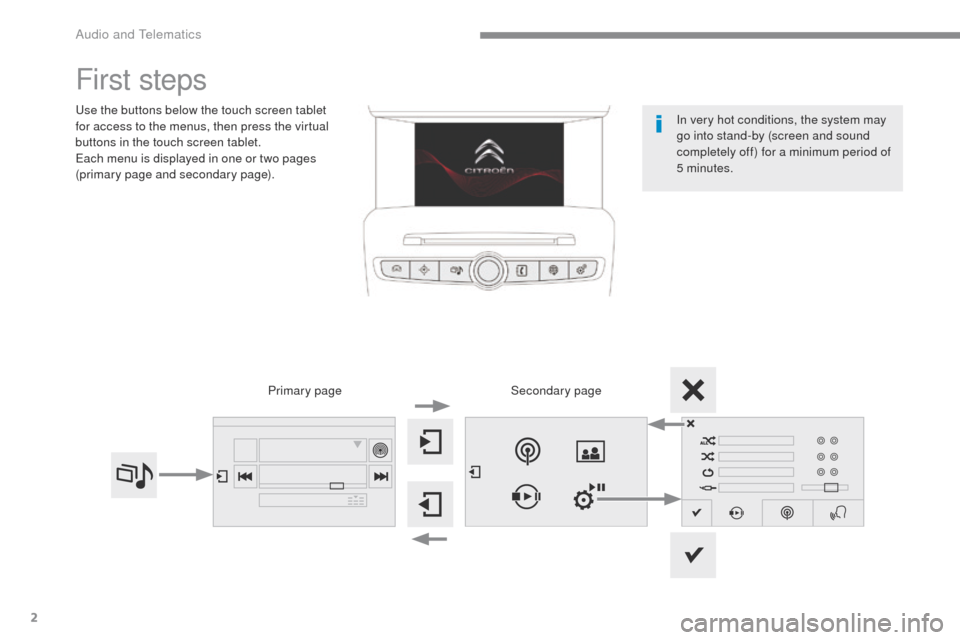 Citroen C4 RHD 2016 2.G Owners Manual 2
ADD_C42_EVO_EN
First steps
Use the buttons below the touch screen tablet
for access to the menus, then press the virtual
buttons in the touch screen tablet.
Each menu is displayed in one or two pa Citroen C4 RHD 2016 2.G Owners Manual 2
ADD_C42_EVO_EN
First steps
Use the buttons below the touch screen tablet
for access to the menus, then press the virtual
buttons in the touch screen tablet.
Each menu is displayed in one or two pa