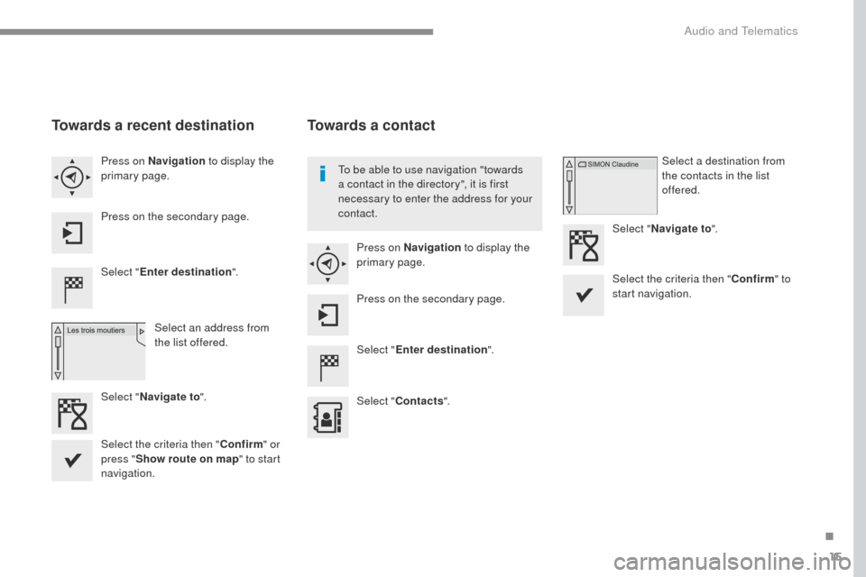 Citroen C4 RHD 2016 2.G Owners Guide 15
ADD_C42_EVO_EN
Towards a recent destination
Select "Enter destination ".
Select an address from 
the list offered.
Press on Navigation
 to display the 
primary page.
Press on the secondary page.
Se