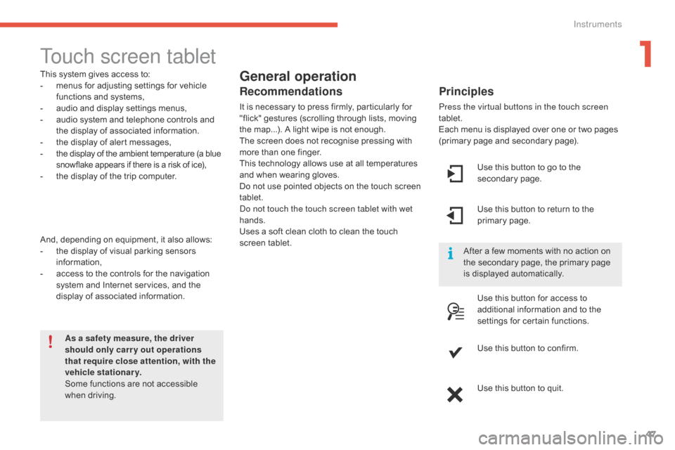 Citroen C4 RHD 2016 2.G Service Manual 47
Touch screen tablet
General operation
Principles
Press the virtual buttons in the touch screen 
tablet.
Each
 m
enu
 i
 s
 d
 isplayed
 ov
 er
 o
 ne
 o
 r
 t
 wo
 p
 ages
 (p

rimary
 p
