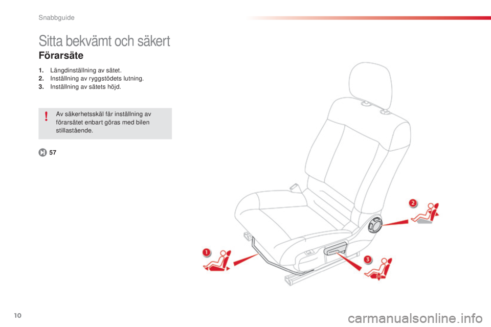 CITROEN C4 CACTUS 2014 InstruktionsbÖcker (in Swedish) 10
E3_sv_Chap00b_prise-en-main_ed01-2014
Sitta bekvämt och säkert
Förarsäte
1. Längdinställning av sätet.
2. Inställning av ryggstödets lutning.
3.
I
nställning av sätets höjd.
57 Av sä CITROEN C4 CACTUS 2014 InstruktionsbÖcker (in Swedish) 10
E3_sv_Chap00b_prise-en-main_ed01-2014
Sitta bekvämt och säkert
Förarsäte
1. Längdinställning av sätet.
2. Inställning av ryggstödets lutning.
3.
I
nställning av sätets höjd.
57 Av sä