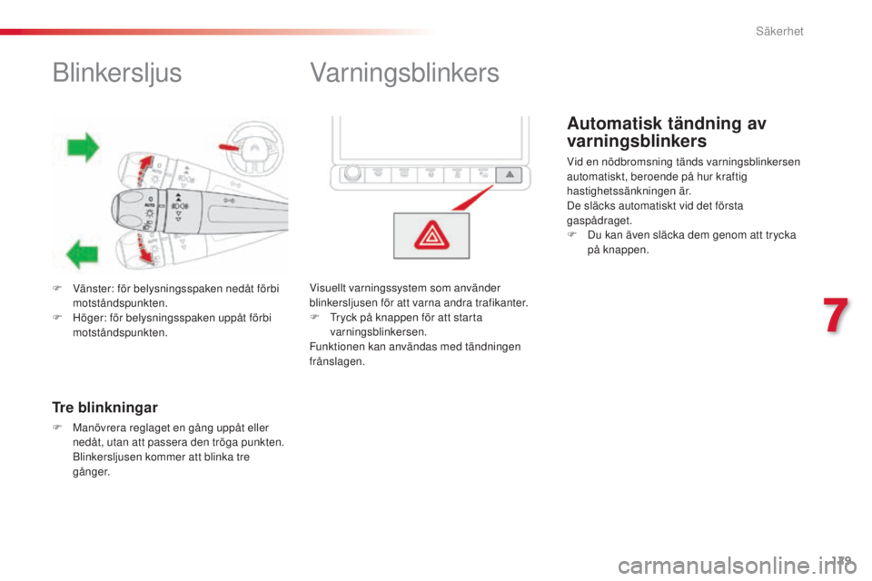 CITROEN C4 CACTUS 2014 InstruktionsbÖcker (in Swedish) 129
E3_sv_Chap07_securite_ed01-2014
Blinkersljus
F Vänster: för belysningsspaken nedåt förbi motståndspunkten.
F
H
öger: för belysningsspaken uppåt förbi
motståndspunkten.
Tre blinkninga CITROEN C4 CACTUS 2014 InstruktionsbÖcker (in Swedish) 129
E3_sv_Chap07_securite_ed01-2014
Blinkersljus
F Vänster: för belysningsspaken nedåt förbi motståndspunkten.
F
H
öger: för belysningsspaken uppåt förbi
motståndspunkten.
Tre blinkninga