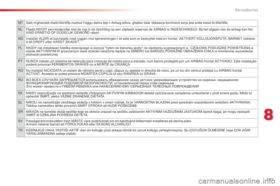 CITROEN C4 CACTUS 2014  InstruktionsbÖcker (in Swedish) 151
MTQatt m’ghandek thalli tifel/tifla marbut f’siggu dahru lejn l-Airbag attiva, ghaliex tista’ tikkawza korriment serju jew anke mewt lit-tifel/tifla
NL Plaats NOOIT een kinderzitje met de ru