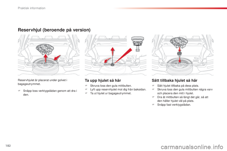 CITROEN C4 CACTUS 2014  InstruktionsbÖcker (in Swedish) 182
E3_sv_Chap09_info_pratiques_ed01-2014
F Snäpp loss verktygslådan genom att dra i den.
Reservhjulet är placerat under golvet i 
bagageutrymmet.
Reservhjul (beroende på version)
Ta upp hjulet s