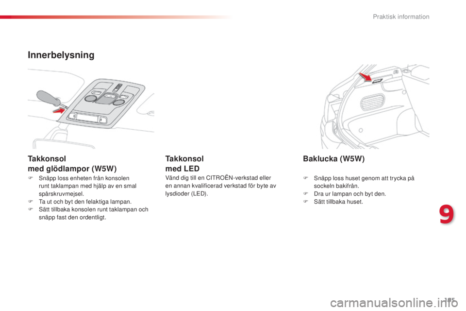 CITROEN C4 CACTUS 2014 InstruktionsbÖcker (in Swedish) 195
E3_sv_Chap09_info_pratiques_ed01-2014
F Snäpp loss enheten från konsolen runt taklampan med hjälp av en smal
spårskruvmejsel.
F
T
a ut och byt den felaktiga lampan.
F
S
ätt tillbaka ko CITROEN C4 CACTUS 2014 InstruktionsbÖcker (in Swedish) 195
E3_sv_Chap09_info_pratiques_ed01-2014
F Snäpp loss enheten från konsolen runt taklampan med hjälp av en smal
spårskruvmejsel.
F
T
a ut och byt den felaktiga lampan.
F
S
ätt tillbaka ko