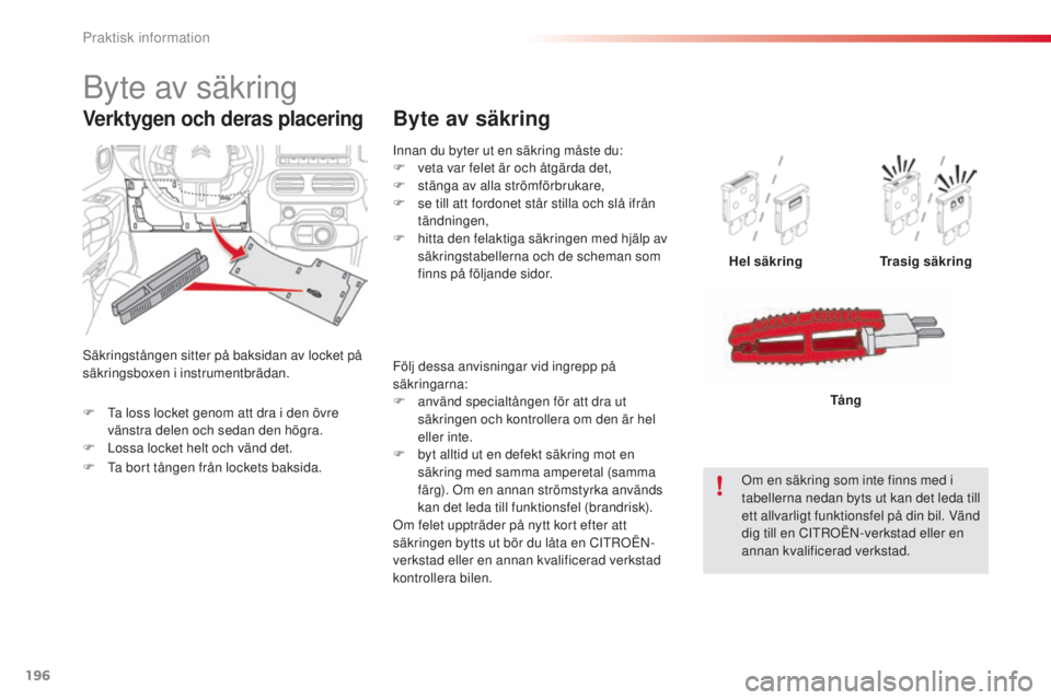 CITROEN C4 CACTUS 2014 InstruktionsbÖcker (in Swedish) 196
E3_sv_Chap09_info_pratiques_ed01-2014
Innan du byter ut en säkring måste du:
F v eta var felet är och åtgärda det,
F
s
tänga av alla strömförbrukare,
F
s
e till att fordonet står st CITROEN C4 CACTUS 2014 InstruktionsbÖcker (in Swedish) 196
E3_sv_Chap09_info_pratiques_ed01-2014
Innan du byter ut en säkring måste du:
F v eta var felet är och åtgärda det,
F
s
tänga av alla strömförbrukare,
F
s
e till att fordonet står st