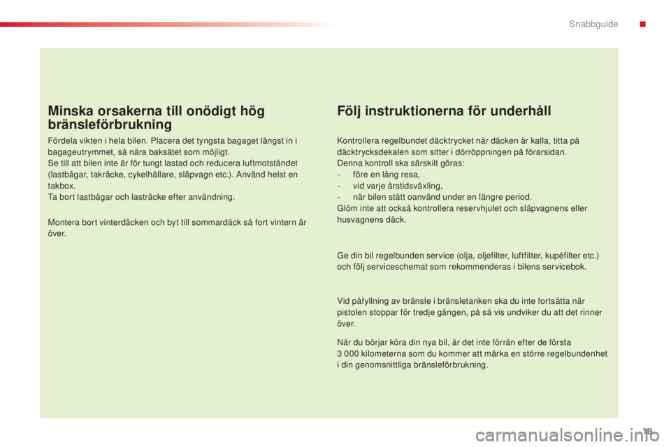 CITROEN C4 CACTUS 2014  InstruktionsbÖcker (in Swedish) 19
E3_sv_Chap00b_prise-en-main_ed01-2014
Minska orsakerna till onödigt hög 
bränsleförbrukning
Fördela vikten i hela bilen. Placera det tyngsta bagaget längst in i 
bagageutrymmet, så nära bak