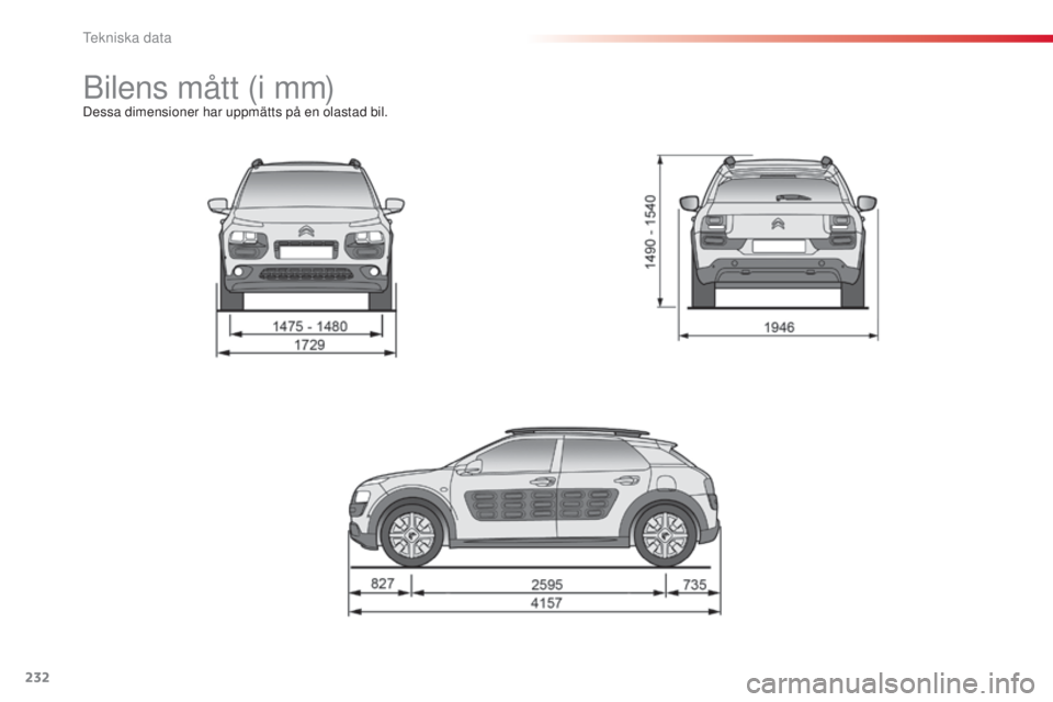 CITROEN C4 CACTUS 2014 InstruktionsbÖcker (in Swedish) 232
E3_sv_Chap11_caracteristiques_techniques_ed01-2014
Bilens mått (i mm)Dessa dimensioner har uppmätts på en olastad bil.
Tekniska data CITROEN C4 CACTUS 2014 InstruktionsbÖcker (in Swedish) 232
E3_sv_Chap11_caracteristiques_techniques_ed01-2014
Bilens mått (i mm)Dessa dimensioner har uppmätts på en olastad bil.
Tekniska data