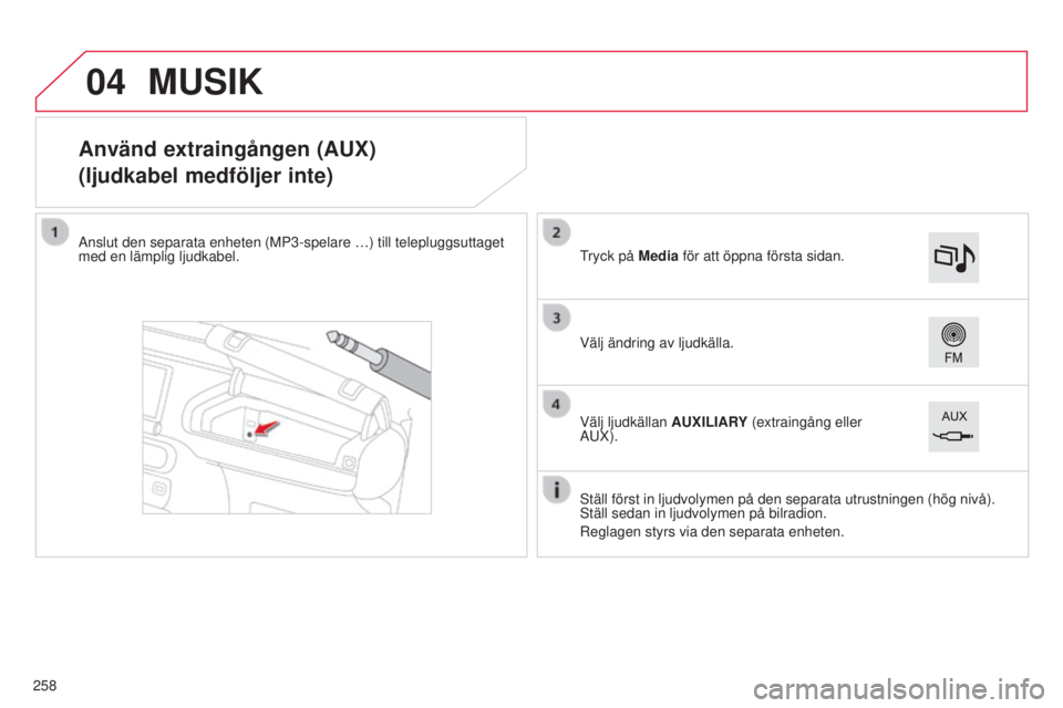CITROEN C4 CACTUS 2014 InstruktionsbÖcker (in Swedish) 04
E3_sv_Chap12b_SMEGplus_ed01-2014
Använd extraingången (AUX)
(ljudkabel medföljer inte)
Anslut den separata enheten (MP3-spelare …) till telepluggsuttaget \
med en lämplig ljudkabel.Ställ fà CITROEN C4 CACTUS 2014 InstruktionsbÖcker (in Swedish) 04
E3_sv_Chap12b_SMEGplus_ed01-2014
Använd extraingången (AUX)
(ljudkabel medföljer inte)
Anslut den separata enheten (MP3-spelare …) till telepluggsuttaget \
med en lämplig ljudkabel.Ställ fÃ
