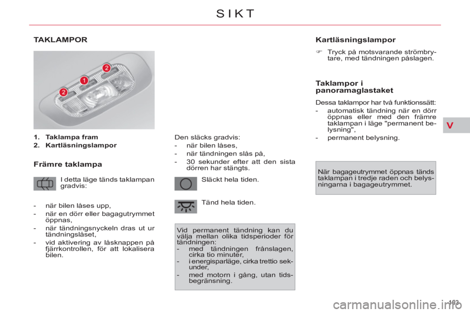 CITROEN C4 PICASSO 2013 InstruktionsbÖcker (in Swedish) V
103
SIKT
TAKLAMPOR
1.
Taklampa fram
2.
Kartläsningslampor
Främre taklampa
I detta läge tänds taklampan
gradvis: Släckt hela tiden.
Tänd hela tiden.
Vid CITROEN C4 PICASSO 2013 InstruktionsbÖcker (in Swedish) V
103
SIKT
TAKLAMPOR
1.
Taklampa fram
2.
Kartläsningslampor
Främre taklampa
I detta läge tänds taklampan
gradvis: Släckt hela tiden.
Tänd hela tiden.
Vid