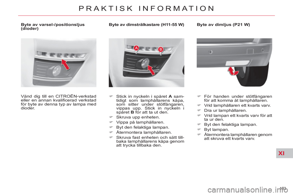 CITROEN C4  PICASSO 2013  InstruktionsbÖcker (in Swedish) XI
193 
PRAKTISK INFORMATION
   
 
 
 
 
 
 
 
 
 
Byte av dimstrålkastare (H11-55 W) 
   
 
�) 
  Stick in nyckeln i spåret  A 
 sam-
tidigt som lamphållarens kåpa, 
som sitter under stötfångar