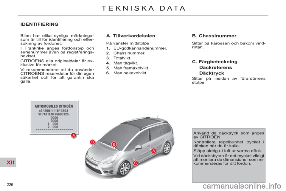 CITROEN C4 PICASSO 2013 InstruktionsbÖcker (in Swedish) XII
226
TEKNISKA DATA
IDENTIFIERING
Bilen har olika synliga märkningar
som är till för identifi ering och efter-
sökning av fordonet.
I Frankrike anges fordonstyp och
serienummer även p CITROEN C4 PICASSO 2013 InstruktionsbÖcker (in Swedish) XII
226
TEKNISKA DATA
IDENTIFIERING
Bilen har olika synliga märkningar
som är till för identifi ering och efter-
sökning av fordonet.
I Frankrike anges fordonstyp och
serienummer även p