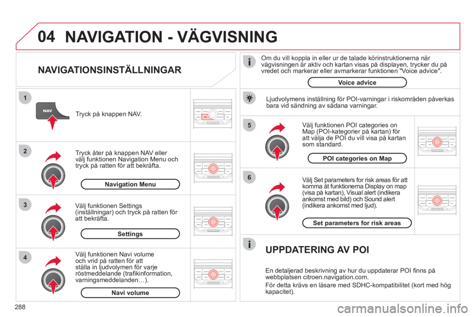 CITROEN C4  PICASSO 2013  InstruktionsbÖcker (in Swedish) 288
04
5
6
3 2 1
4
   
NAVIGATIONSINSTÄLLNINGAR 
 
 
Välj Set parameters for risk areas för att
komma åt funktionerna Display on map (visa på kartan), Visual alert (indikera 
ankomst med bild) oc