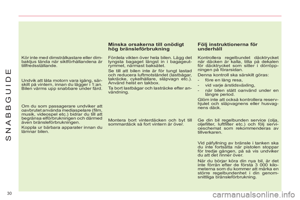 CITROEN C4 PICASSO 2013 InstruktionsbÖcker (in Swedish) 30
SNABBGUIDE
Minska orsakerna till onödigt
hög bränsleförbrukning
Fördela vikten över hela bilen. Lägg det
tyngsta bagaget längst in i bagageut-
rymmet, närmast baksätet.
Se CITROEN C4 PICASSO 2013 InstruktionsbÖcker (in Swedish) 30
SNABBGUIDE
Minska orsakerna till onödigt
hög bränsleförbrukning
Fördela vikten över hela bilen. Lägg det
tyngsta bagaget längst in i bagageut-
rymmet, närmast baksätet.
Se