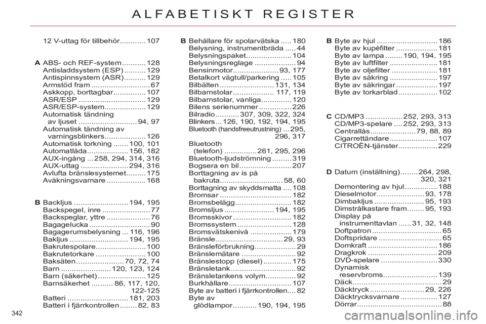 CITROEN C4  PICASSO 2013  InstruktionsbÖcker (in Swedish) 342 
ALFABETISKT REGISTER
12 V-uttag för tillbehör............r107Behållare för spolarvätska .....180Belysning, instrumentbräda .....44Belysningspaket.....................104Belysningsreglage...