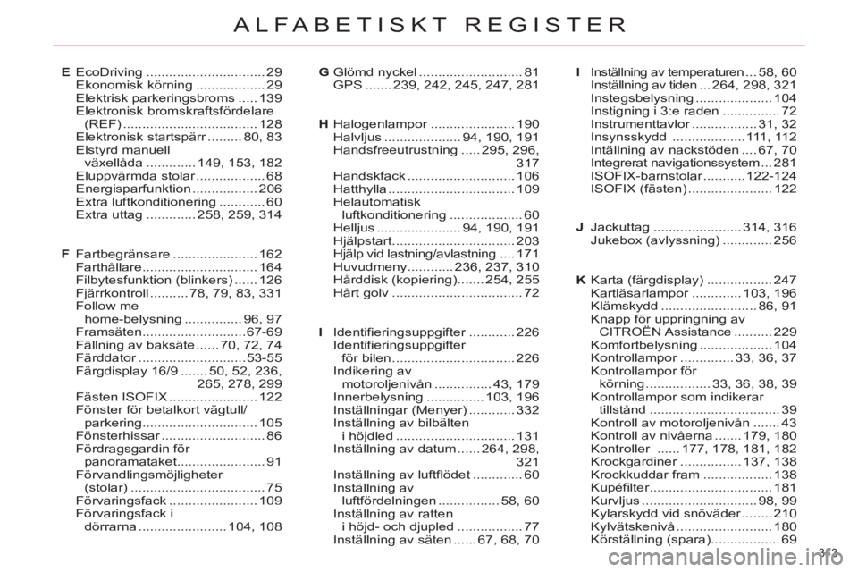 CITROEN C4  PICASSO 2013  InstruktionsbÖcker (in Swedish) 343 
ALFABETISKT REGISTER
Jackuttag.......................314,316Jukebox (avlyssning).............256
EcoDriving...............................29Ekonomisk körning ..................29Elektrisk parker