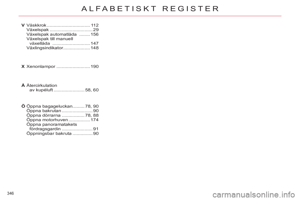 CITROEN C4  PICASSO 2013  InstruktionsbÖcker (in Swedish) 346 
ALFABETISKT REGISTER
Öppna bagageluckan .........78,90Öppna bakrutan.......................90Öppna dörrarna .................78,88Öppna motorhuven ................ 174Öppna panoramataketsf