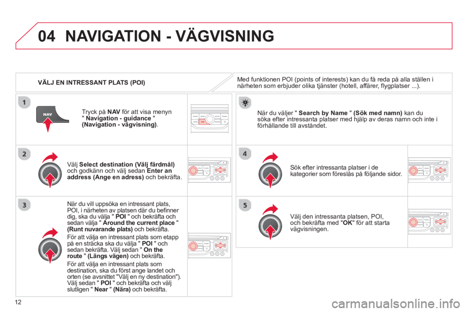 CITROEN C4  PICASSO 2013  InstruktionsbÖcker (in Swedish) 12
04
   
 VÄLJ EN INTRESSANT PLATS (POI)
NAVIGATION - VÄGVISNING
Med funktionen POI (points of interests) kan du få reda på alla ställen inärheten som erbjuder olika tjänster (hotell, affärer