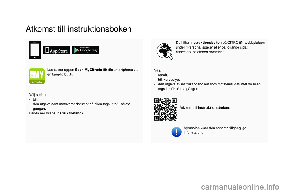 CITROEN C4 SPACETOURER 2021 InstruktionsbÖcker (in Swedish) Åtkomst till instruktionsboken
Du hittar instruktionsboken på CITROËN-webbplatsen
under "Personal space" eller på följande sida:
http://service.citroen.com/ddb/
Symbolen visar den senast CITROEN C4 SPACETOURER 2021 InstruktionsbÖcker (in Swedish) Åtkomst till instruktionsboken
Du hittar instruktionsboken på CITROËN-webbplatsen
under "Personal space" eller på följande sida:
http://service.citroen.com/ddb/
Symbolen visar den senast