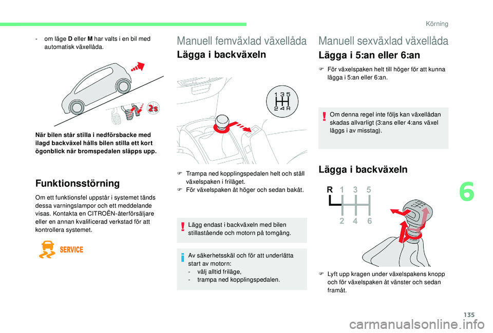 CITROEN C4 SPACETOURER 2021 InstruktionsbÖcker (in Swedish) 135
Manuell femväxlad växellåda
Lägga i backväxeln
Lägg endast i backväxeln med bilen
s tillastående och motorn på tomgång.
Av säkerhetsskäl och för att underlätta
start av motorn:
-
CITROEN C4 SPACETOURER 2021 InstruktionsbÖcker (in Swedish) 135
Manuell femväxlad växellåda
Lägga i backväxeln
Lägg endast i backväxeln med bilen
s tillastående och motorn på tomgång.
Av säkerhetsskäl och för att underlätta
start av motorn:
-
