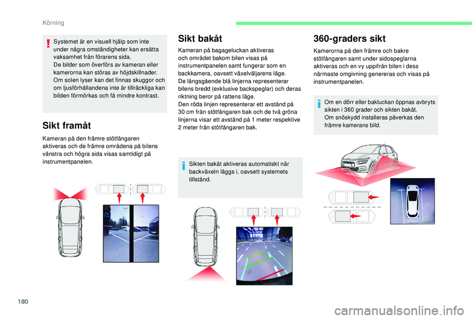 CITROEN C4 SPACETOURER 2021 InstruktionsbÖcker (in Swedish) 180
Systemet är en visuell hjälp som inte
under några omständigheter kan ersätta
vaksamhet från förarens sida.
De bilder som över förs av kameran eller
kamerorna kan störas av höjdskilln CITROEN C4 SPACETOURER 2021 InstruktionsbÖcker (in Swedish) 180
Systemet är en visuell hjälp som inte
under några omständigheter kan ersätta
vaksamhet från förarens sida.
De bilder som över förs av kameran eller
kamerorna kan störas av höjdskilln