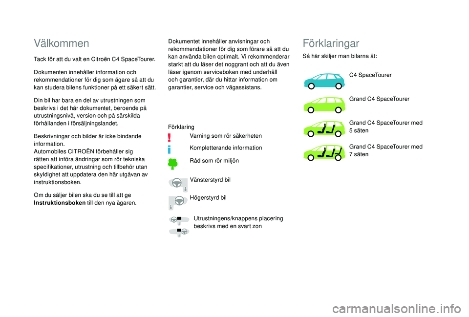 CITROEN C4 SPACETOURER 2021  InstruktionsbÖcker (in Swedish) Välkommen
Tack för att du valt en Citroën C4 SpaceTourer.D okumentet innehåller anvisningar och 
rekommendationer för dig som förare så att du 
kan använda bilen optimalt. Vi rekommenderar 
st