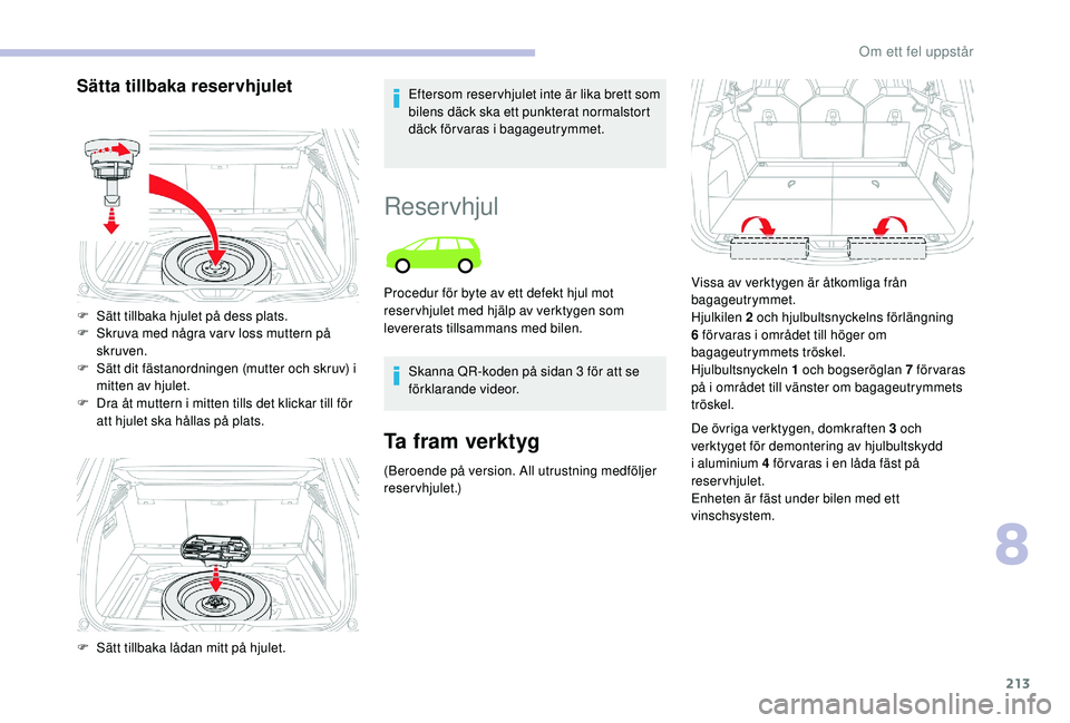 CITROEN C4 SPACETOURER 2021 InstruktionsbÖcker (in Swedish) 213
Sätta tillbaka reservhjuletEftersom reser vhjulet inte är lika brett som
bilens däck ska ett punkterat normalstort
däck förvaras i
bagageutrymmet.
F
S
ätt tillbaka hjulet på dess pla CITROEN C4 SPACETOURER 2021 InstruktionsbÖcker (in Swedish) 213
Sätta tillbaka reservhjuletEftersom reser vhjulet inte är lika brett som
bilens däck ska ett punkterat normalstort
däck förvaras i
bagageutrymmet.
F
S
ätt tillbaka hjulet på dess pla
