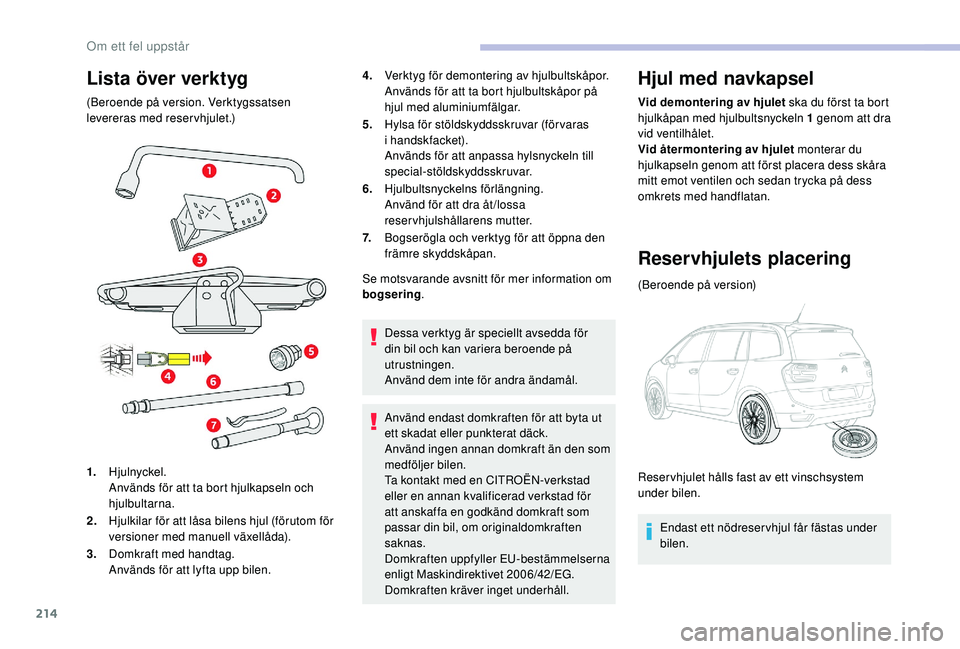 CITROEN C4 SPACETOURER 2021  InstruktionsbÖcker (in Swedish) 214
Lista över verktyg
(Beroende på version. Verktygssatsen 
levereras med reservhjulet.)
1.Hjulnyckel.
Används för att ta bort hjulkapseln och 
hjulbultarna.
2. Hjulkilar för att låsa bilens hj