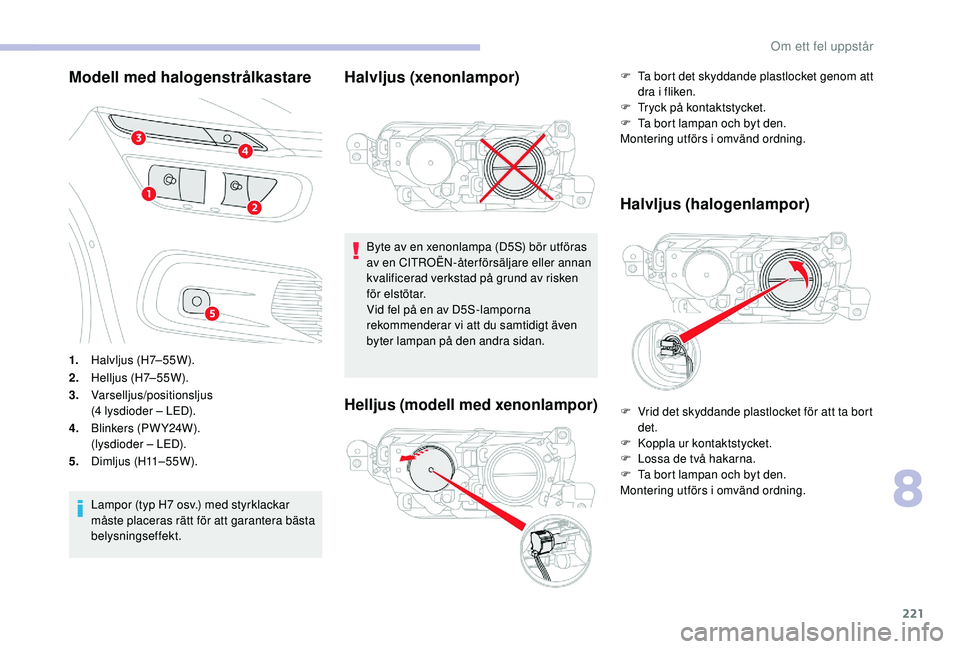 CITROEN C4 SPACETOURER 2021 InstruktionsbÖcker (in Swedish) 221
Modell med halogenstrålkastare
1.Halvljus (H7–55W).
2. Helljus (H7–55W).
3. Varselljus/positionsljus
(4
lysdioder – LED).
4. Blinkers (PW Y24W).
(lysdioder – LED).
5. Dimljus (H11–55W CITROEN C4 SPACETOURER 2021 InstruktionsbÖcker (in Swedish) 221
Modell med halogenstrålkastare
1.Halvljus (H7–55W).
2. Helljus (H7–55W).
3. Varselljus/positionsljus
(4
lysdioder – LED).
4. Blinkers (PW Y24W).
(lysdioder – LED).
5. Dimljus (H11–55W