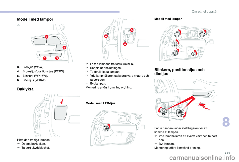 CITROEN C4 SPACETOURER 2021 InstruktionsbÖcker (in Swedish) 225
3.Sidoljus (W5W).
4. Bromsljus/positionsljus (P21W).
5. Blinkers (WY16W).
6. Backljus (W16W).
Baklykta
Modell med LED-ljus
Blinkers, positionsljus och
dimljus
Modell med lampor
Hitta den trasiga CITROEN C4 SPACETOURER 2021 InstruktionsbÖcker (in Swedish) 225
3.Sidoljus (W5W).
4. Bromsljus/positionsljus (P21W).
5. Blinkers (WY16W).
6. Backljus (W16W).
Baklykta
Modell med LED-ljus
Blinkers, positionsljus och
dimljus
Modell med lampor
Hitta den trasiga