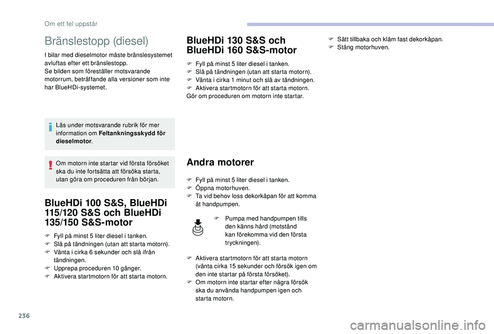 CITROEN C4 SPACETOURER 2021 InstruktionsbÖcker (in Swedish) 236
Bränslestopp (diesel)
I bilar med dieselmotor måste bränslesystemet
avluftas efter ett bränslestopp.
Se bilden som föreställer motsvarande
motorrum, beträffande alla versioner som inte
h CITROEN C4 SPACETOURER 2021 InstruktionsbÖcker (in Swedish) 236
Bränslestopp (diesel)
I bilar med dieselmotor måste bränslesystemet
avluftas efter ett bränslestopp.
Se bilden som föreställer motsvarande
motorrum, beträffande alla versioner som inte
h