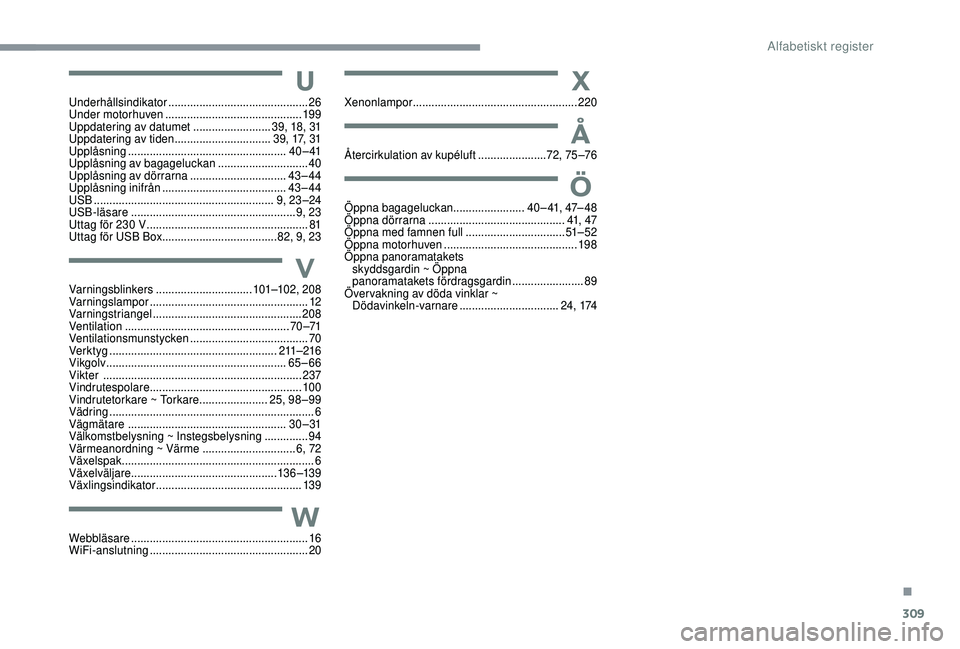 CITROEN C4 SPACETOURER 2021  InstruktionsbÖcker (in Swedish) 309
V
U
Ö
W
X
Å
Varningsblinkers ............................... 101–102, 208
Varningslampor  ................................................... 12
Varningstriangel
 

...........................