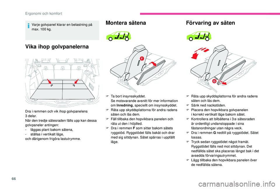 CITROEN C4 SPACETOURER 2021 InstruktionsbÖcker (in Swedish) 66
Varje golvpanel klarar en belastning på
max. 100 kg.
Vika ihop golvpanelerna
Dra i remmen och vik ihop golvpanelens
3 delar.
När den tredje sätesraden fälls upp kan dessa
golvpaneler antin CITROEN C4 SPACETOURER 2021 InstruktionsbÖcker (in Swedish) 66
Varje golvpanel klarar en belastning på
max. 100 kg.
Vika ihop golvpanelerna
Dra i remmen och vik ihop golvpanelens
3 delar.
När den tredje sätesraden fälls upp kan dessa
golvpaneler antin