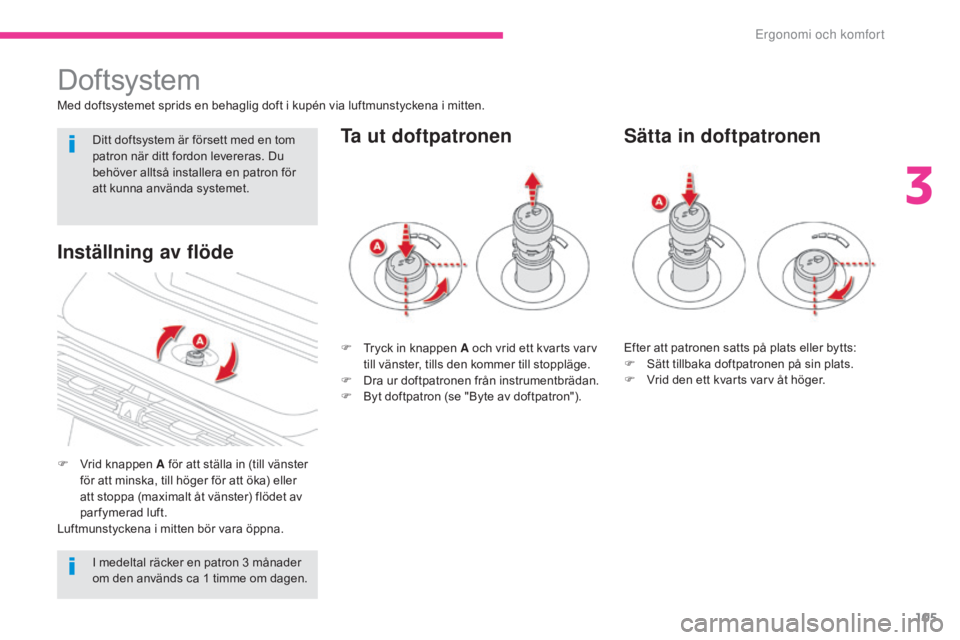 CITROEN C4 SPACETOURER 2018 InstruktionsbÖcker (in Swedish) 105
C4-Picasso-II_sv_Chap03_ergonomie-confort_ed02-2016
Doftsystem
Med doftsystemet sprids en behaglig doft i kupén via luftmunstyckena i mitten.
F
V
rid knappen A för att ställa in (till vänste CITROEN C4 SPACETOURER 2018 InstruktionsbÖcker (in Swedish) 105
C4-Picasso-II_sv_Chap03_ergonomie-confort_ed02-2016
Doftsystem
Med doftsystemet sprids en behaglig doft i kupén via luftmunstyckena i mitten.
F
V
rid knappen A för att ställa in (till vänste