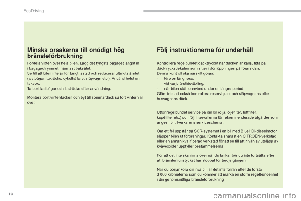 CITROEN C4 SPACETOURER 2018 InstruktionsbÖcker (in Swedish) 10
C4-Picasso-II_sv_Chap00c_eco-conduite_ed02-2016
Minska orsakerna till onödigt hög
bränsleförbrukning
Fördela vikten över hela bilen. Lägg det tyngsta bagaget längst in
i bagageutrymmet, CITROEN C4 SPACETOURER 2018 InstruktionsbÖcker (in Swedish) 10
C4-Picasso-II_sv_Chap00c_eco-conduite_ed02-2016
Minska orsakerna till onödigt hög
bränsleförbrukning
Fördela vikten över hela bilen. Lägg det tyngsta bagaget längst in
i bagageutrymmet,