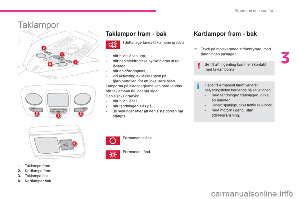 CITROEN C4 SPACETOURER 2018 InstruktionsbÖcker (in Swedish) 123
C4-Picasso-II_sv_Chap03_ergonomie-confort_ed02-2016
Taklampor
1. Taklampa fram
2. Kartlampa fram
3.
T
aklampa bak
4.
K
artlampor bak
Taklampor fram - bak
F Tryck på motsvarande strömbrytare, CITROEN C4 SPACETOURER 2018 InstruktionsbÖcker (in Swedish) 123
C4-Picasso-II_sv_Chap03_ergonomie-confort_ed02-2016
Taklampor
1. Taklampa fram
2. Kartlampa fram
3.
T
aklampa bak
4.
K
artlampor bak
Taklampor fram - bak
F Tryck på motsvarande strömbrytare,